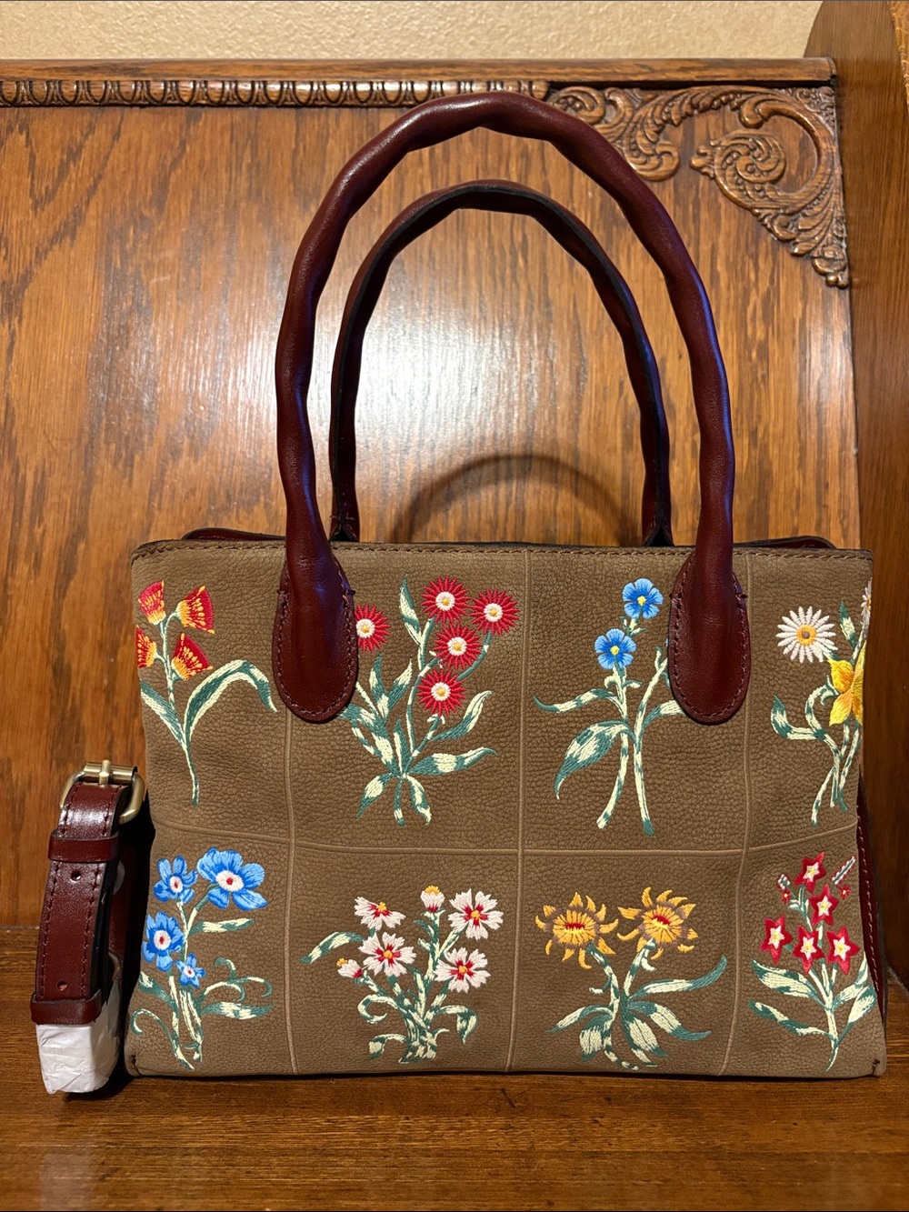 NWT-Patricia Nash-Tuscan Fields Embroidered Floral-Genovese Satchel-Khaki-$269